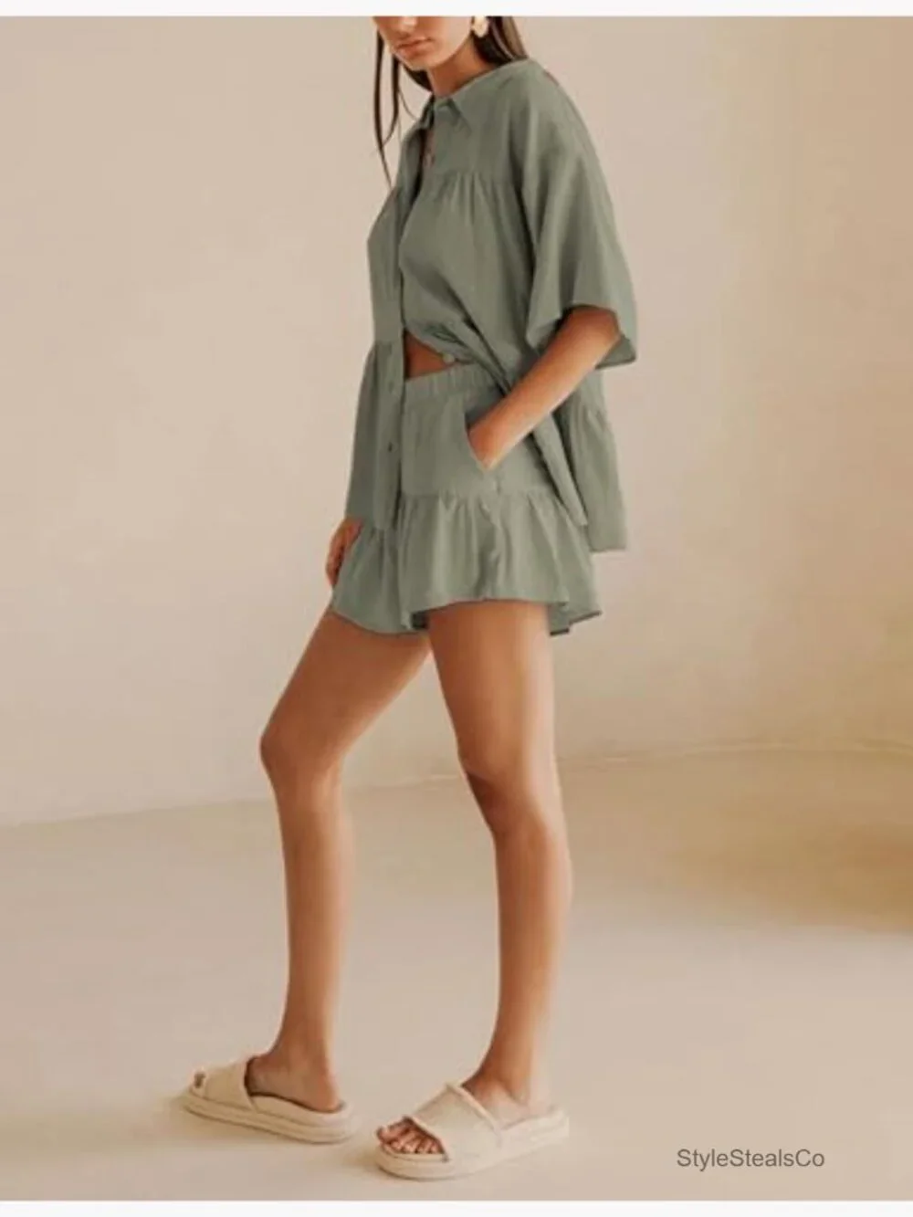 Ruffled Shirt and High Waist Shorts Matching Set Summer